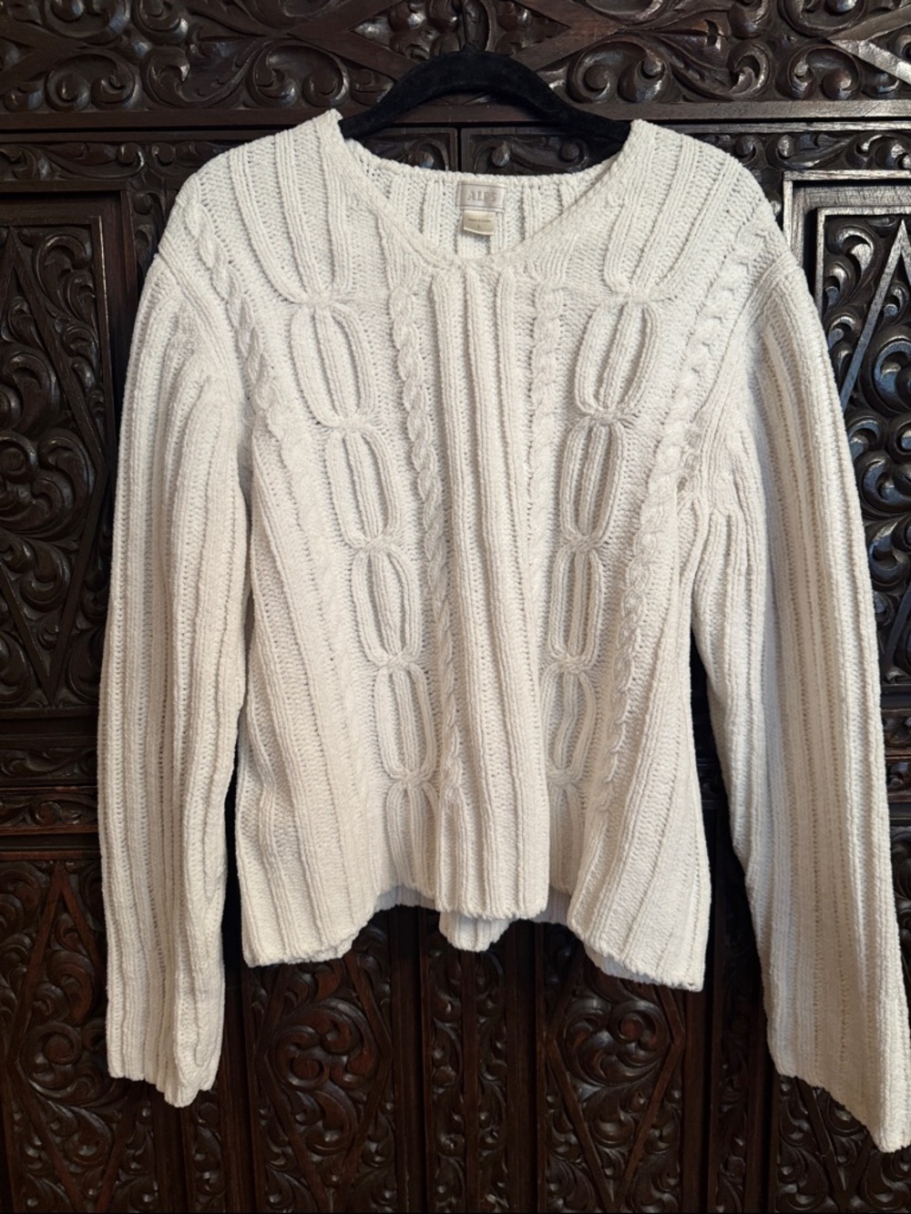 Women's Cream Cable Chenille Crewneck Sweater by Alps Large